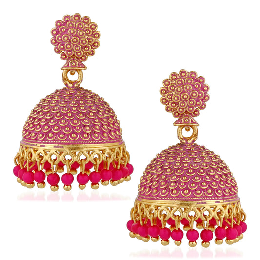 Classic Meenakari work red beads jhumka earrings