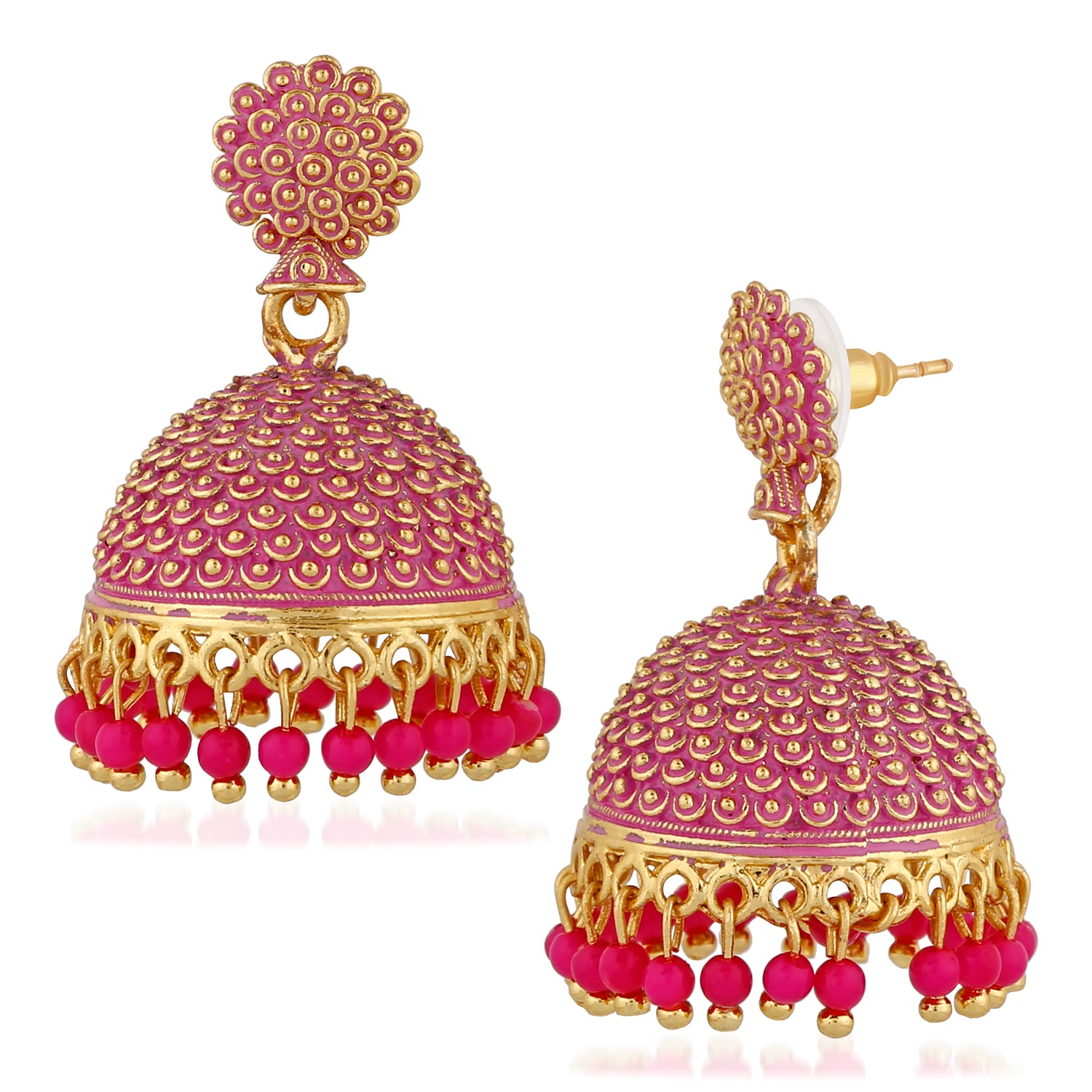 Classic Meenakari work red beads jhumka earrings