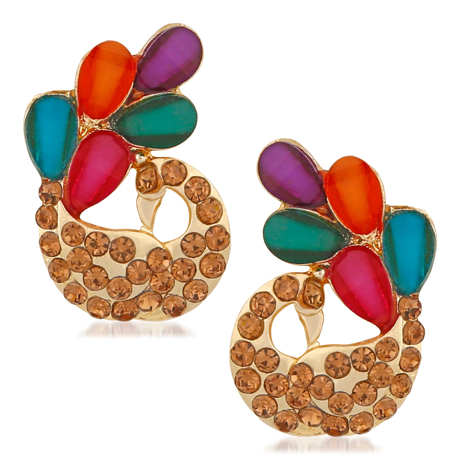 Multicolour Crystal Feathery Peacock Stud Earrings