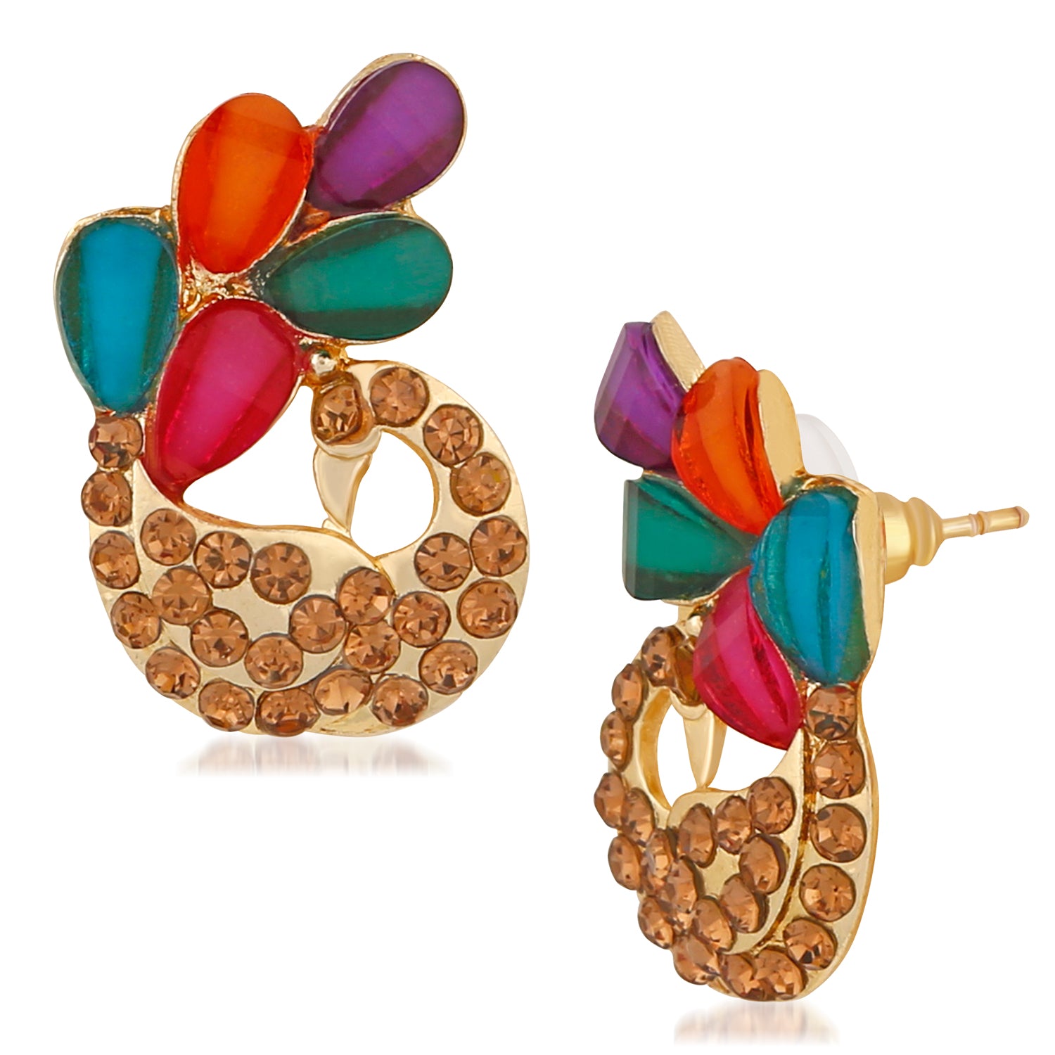 Multicolour Crystal Feathery Peacock Stud Earrings