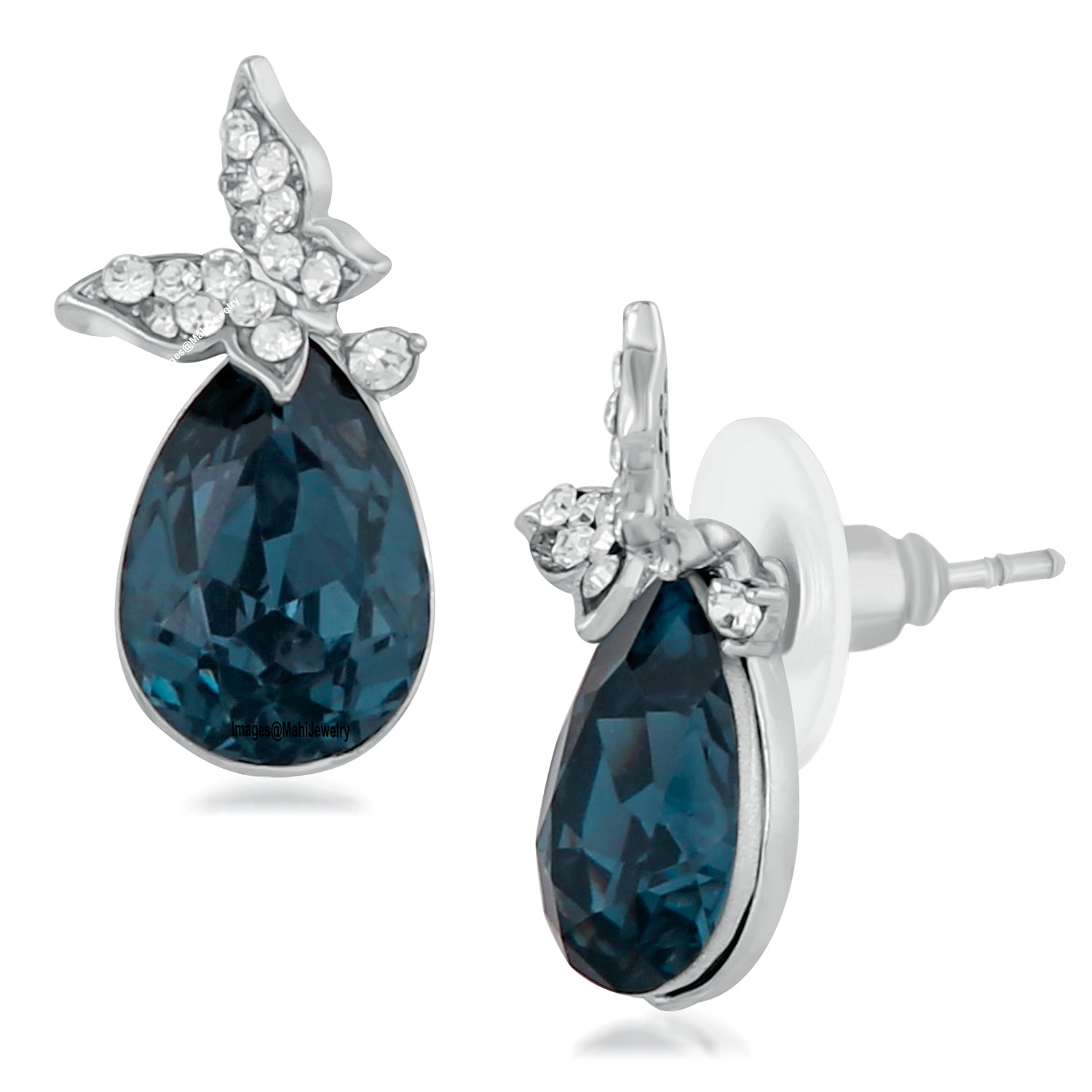 Exclusive Montana Blue and White Crystals Butterfly Stud Earrings