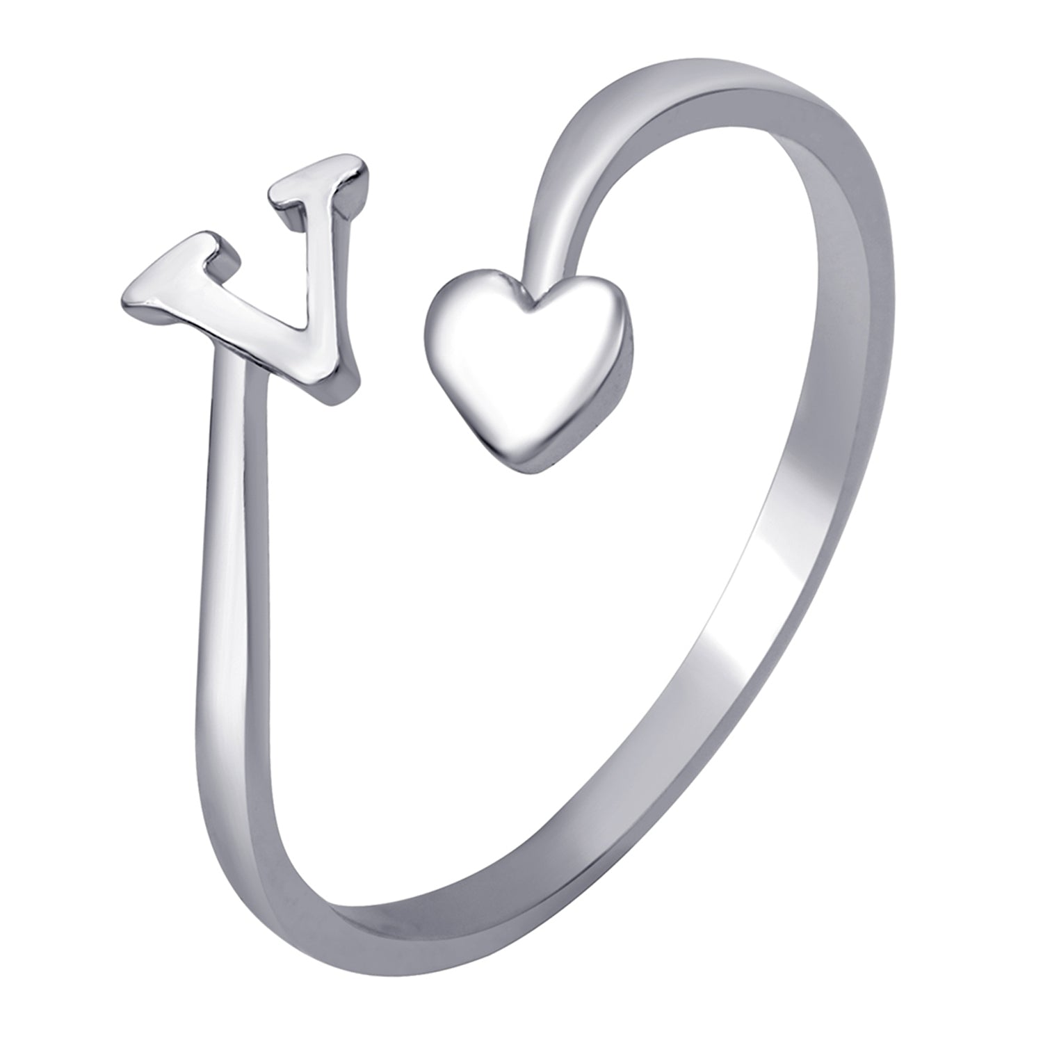 V' Initial and Heart Adjustable Finger Ring - Main Image