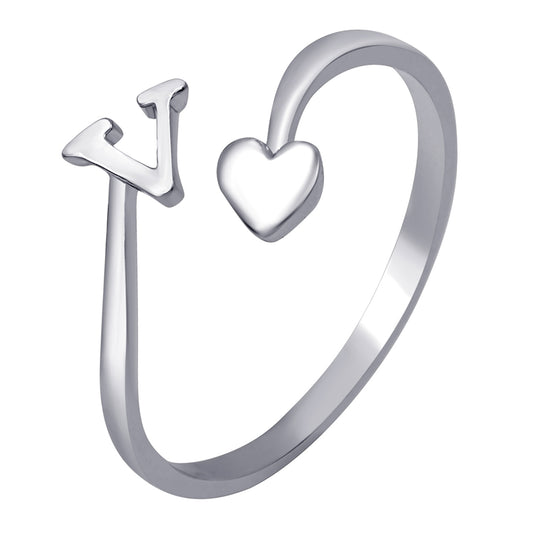 'V' Initial and Heart Adjustable Finger Ring