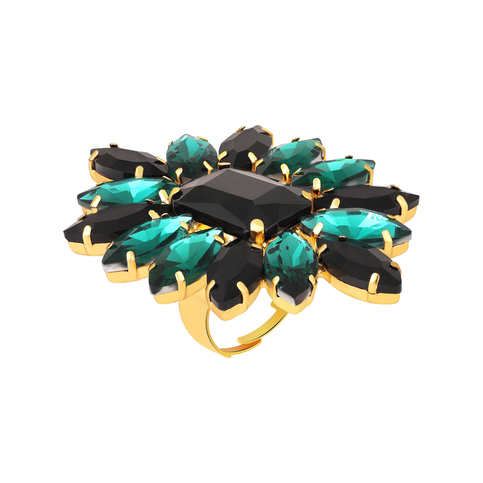 Elegant Black & Green Crystal Flower Statement Ring