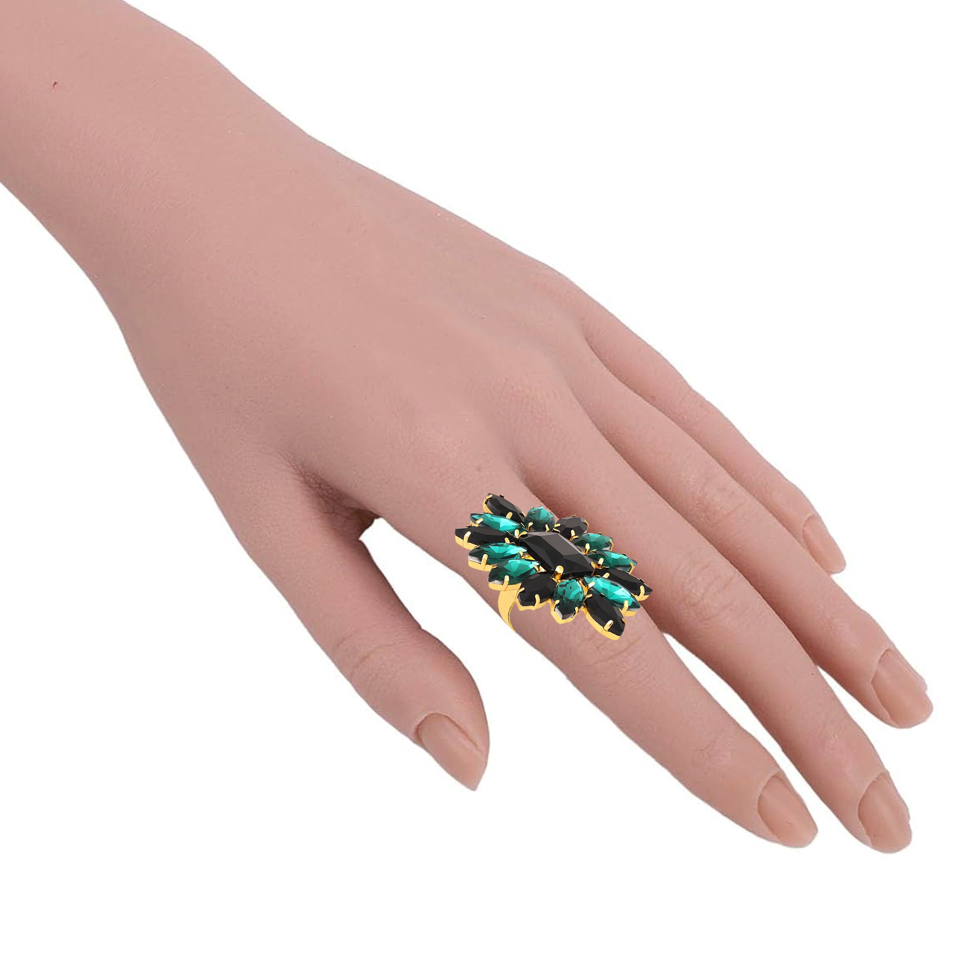 Elegant Black & Green Crystal Flower Statement Ring