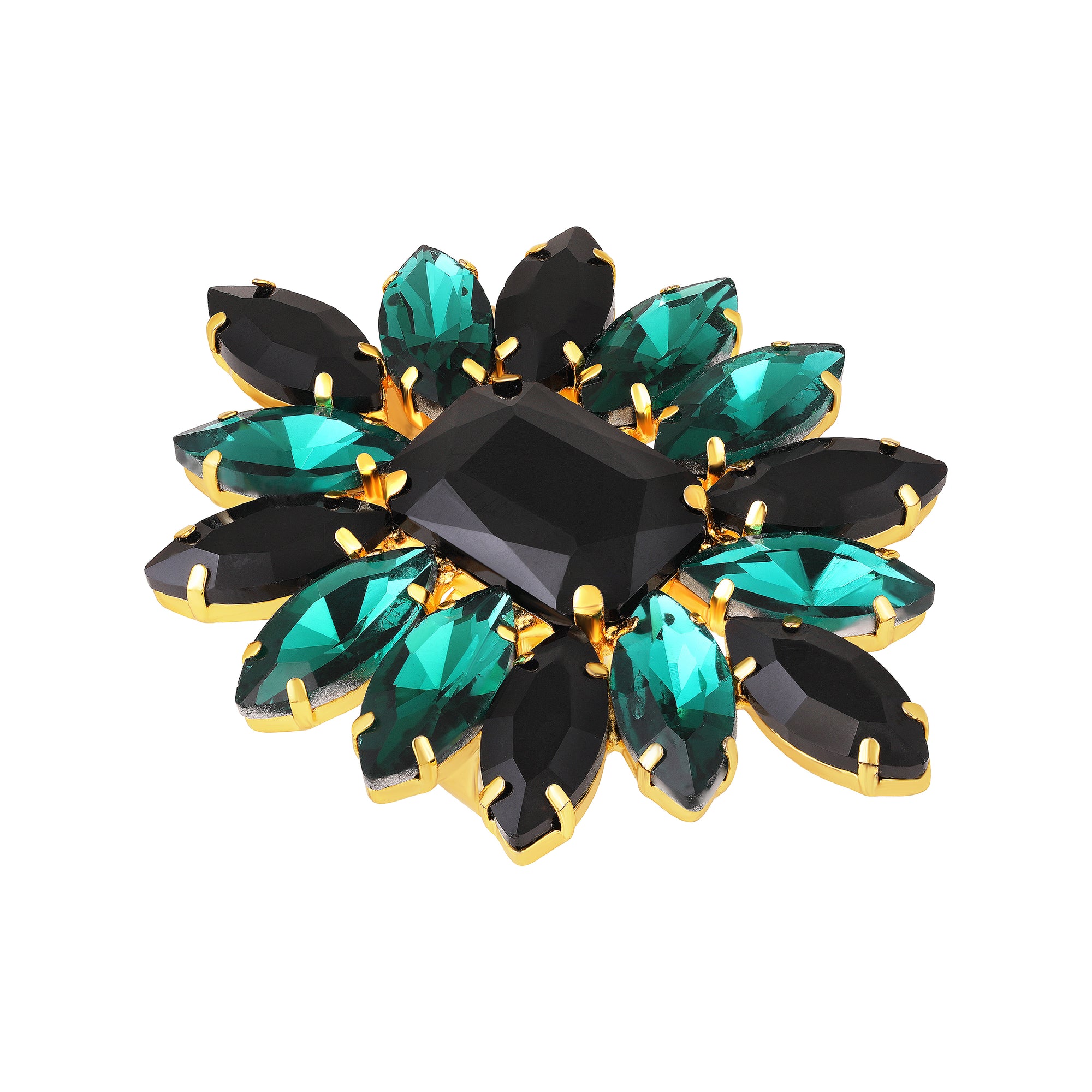 Elegant Black & Green Crystal Flower Statement Ring
