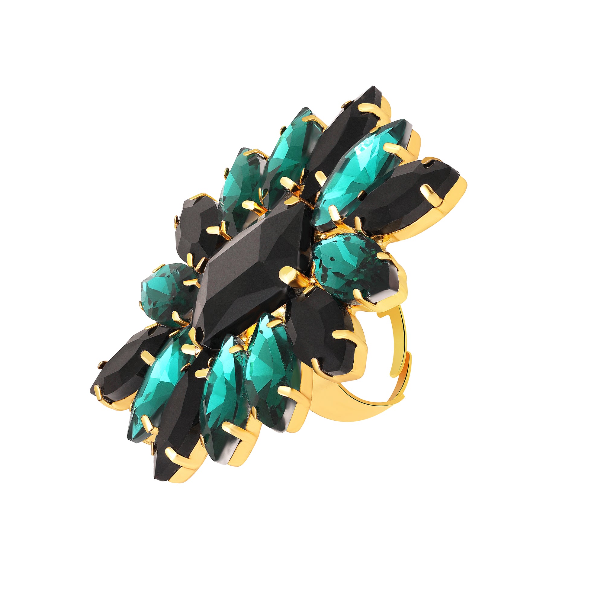 Elegant Black & Green Crystal Flower Statement Ring