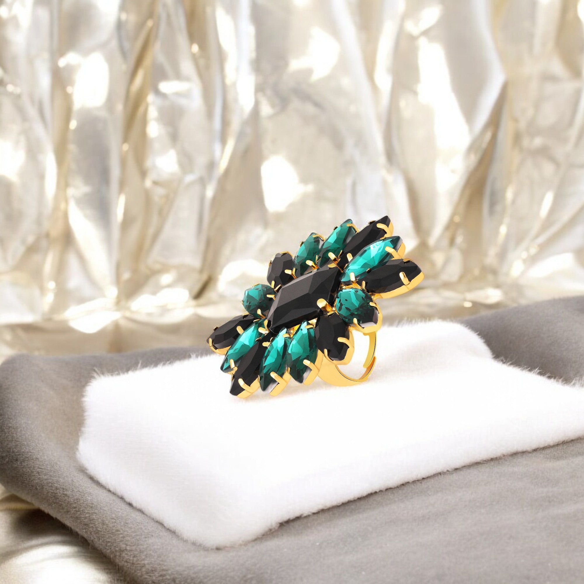 Elegant Black & Green Crystal Flower Statement Ring