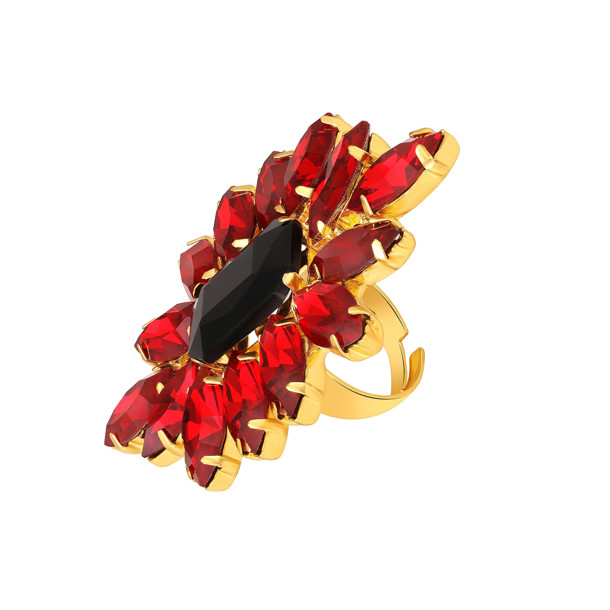 Elegant Black & Green Crystal Flower Statement Ring