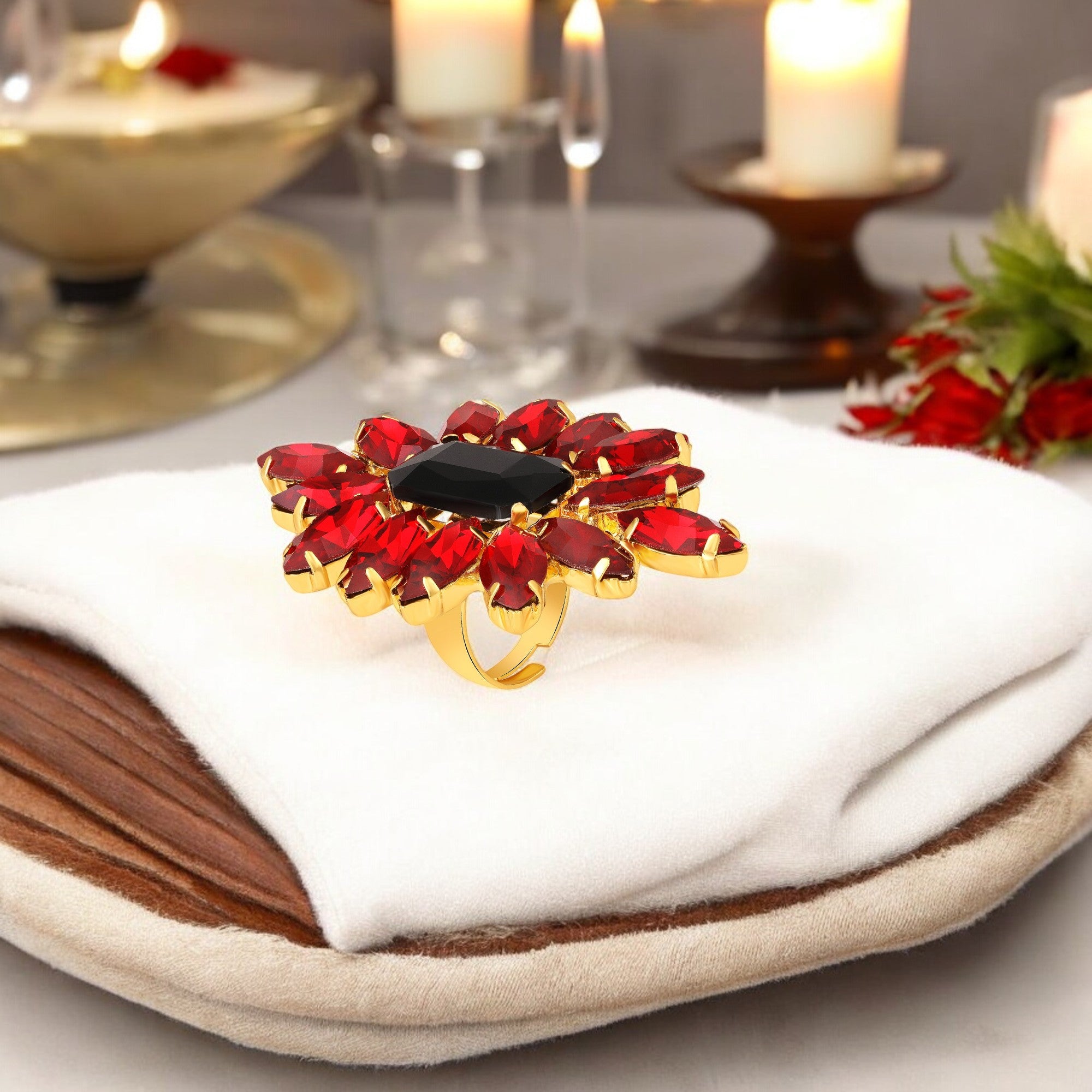 Elegant Black & Green Crystal Flower Statement Ring