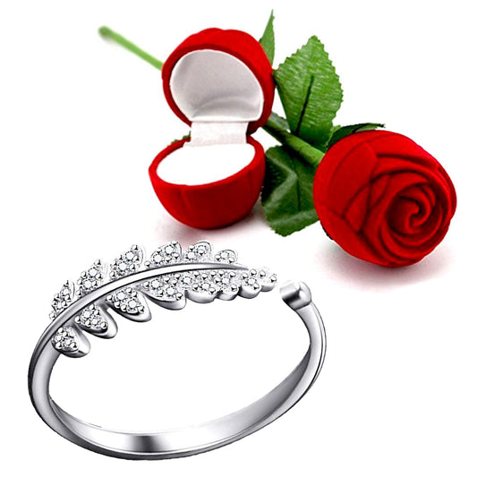 Valentine Gift Cute Leafy Adjustable Crystal Finger Ring with Rose Box