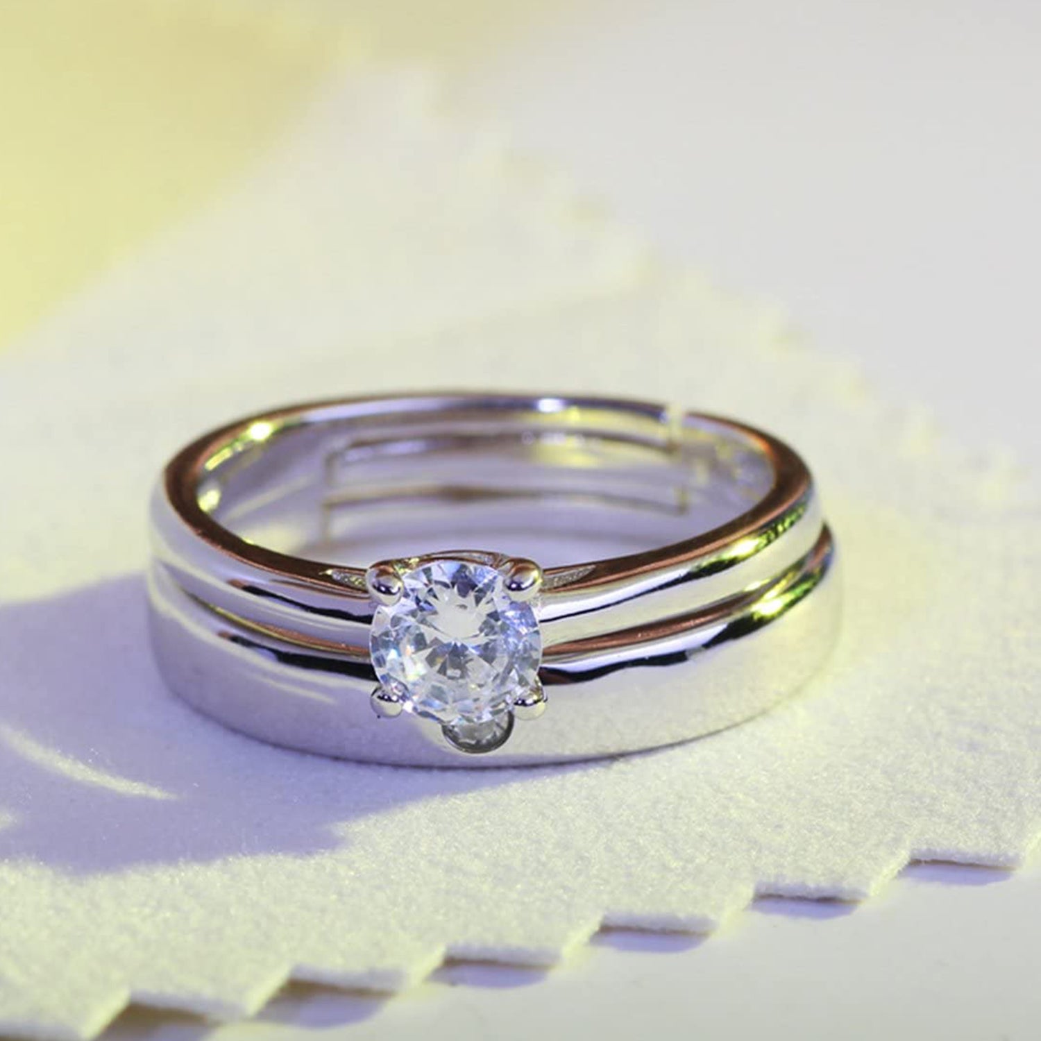 Solitaire Couple Ring Set with Cubic Zirconia and Crystal