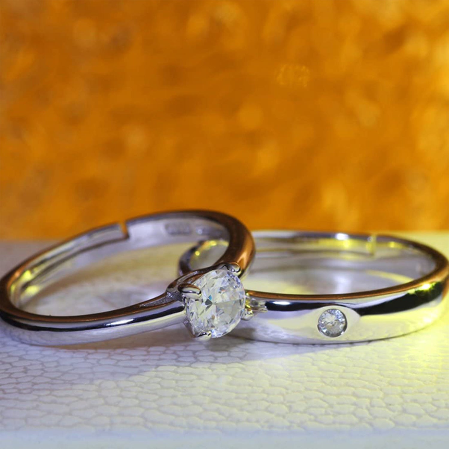 Solitaire Couple Ring Set with Cubic Zirconia and Crystal