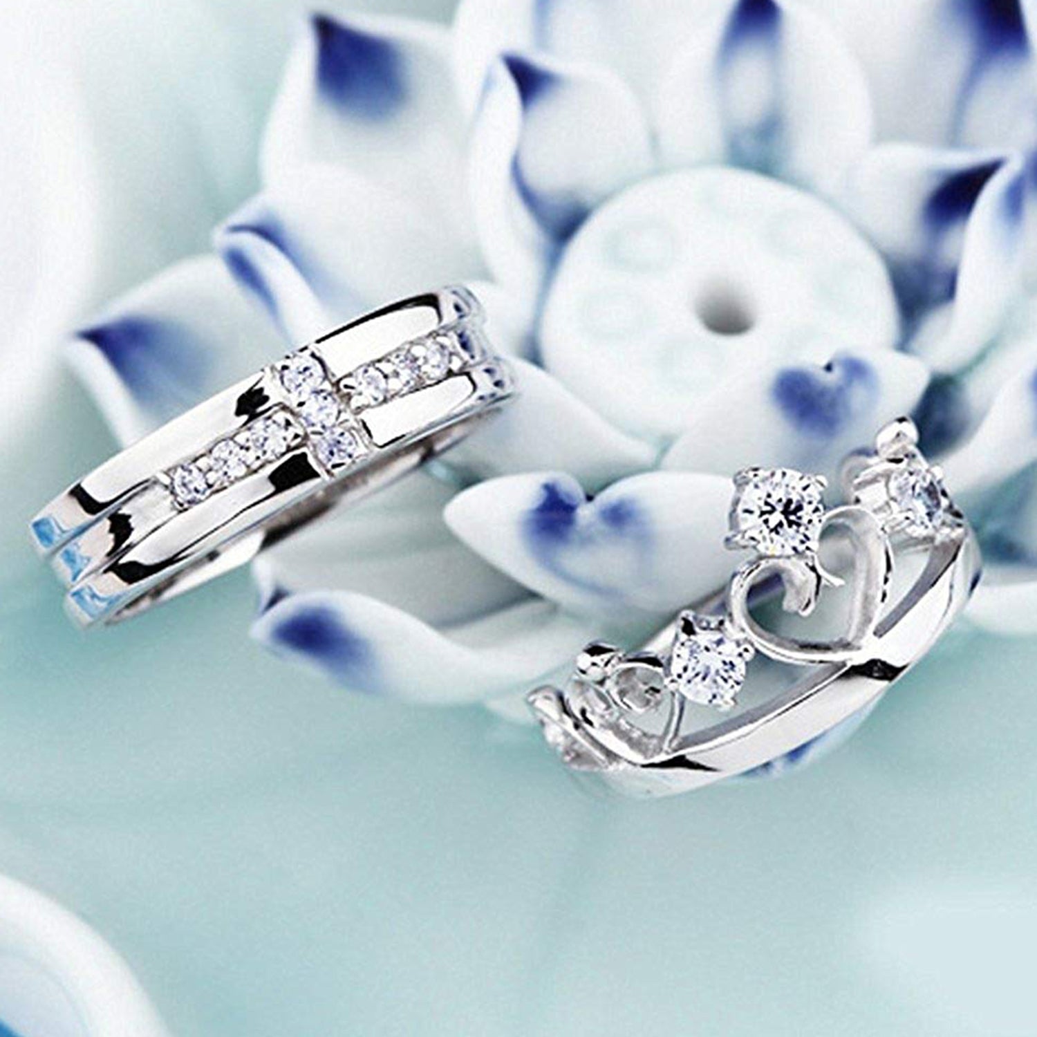 Couple Ring Set With Cubic Zirconia and Crystal