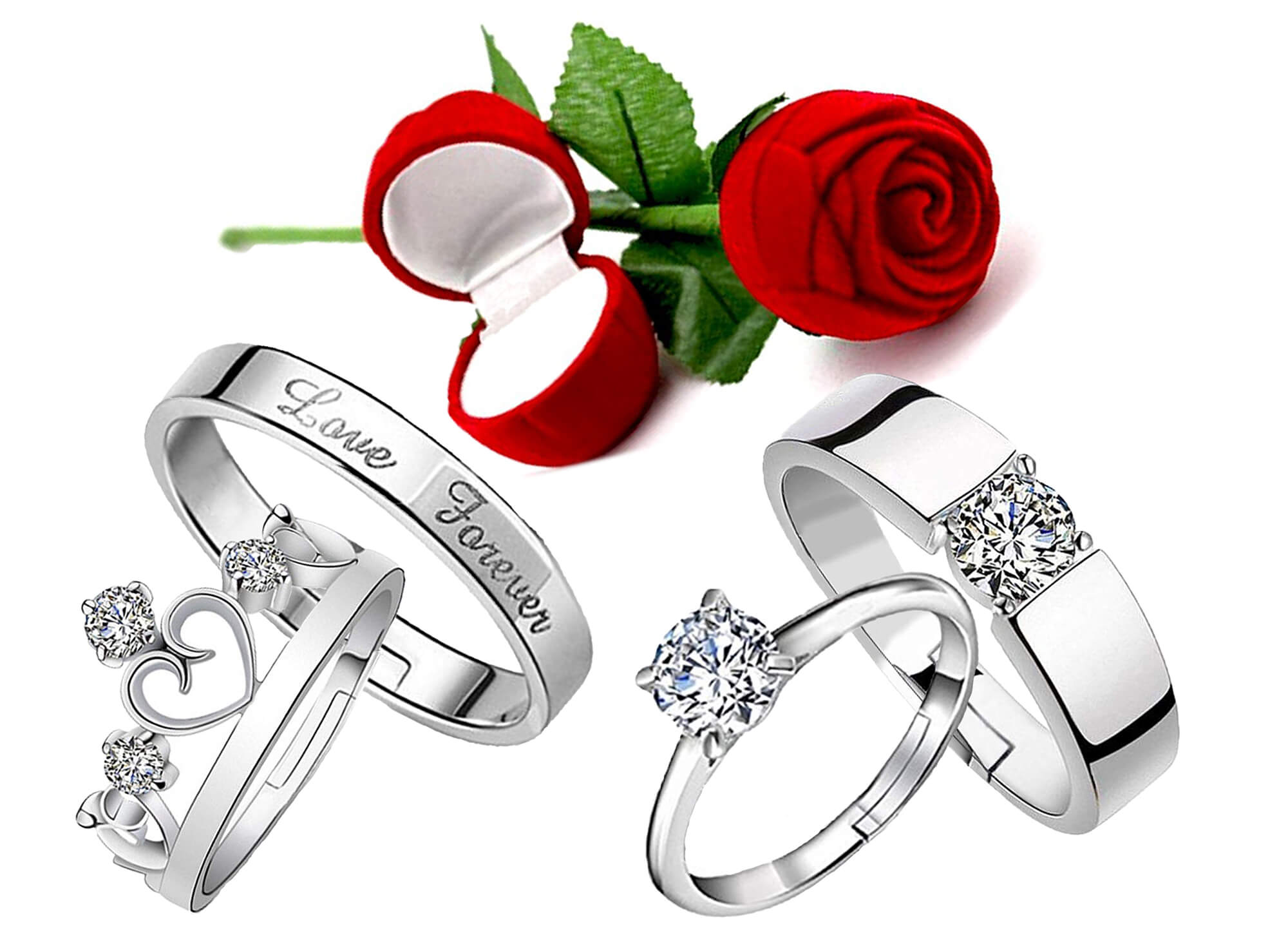 Valentine Gift Cubic Zirconia Couple Ring Set with Rose Box