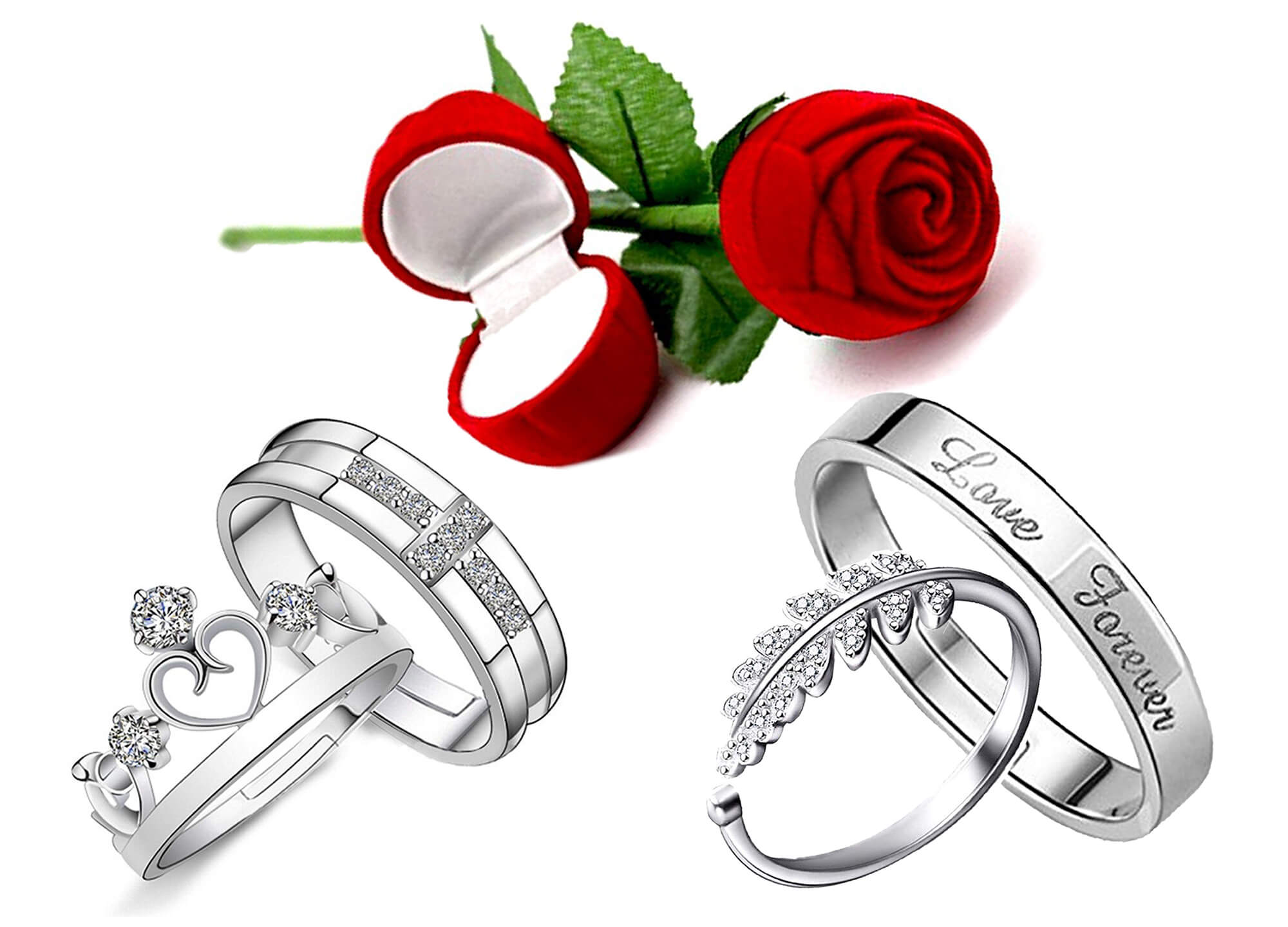 Valentine Gift Cubic Zirconia and Crystal Couple Ring Set with Rose Box