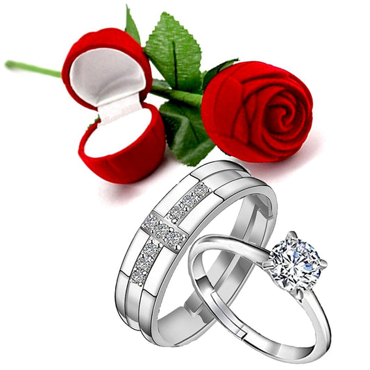 Valentine Gift Cubic Zirconia Couple Ring Set with Rose Box