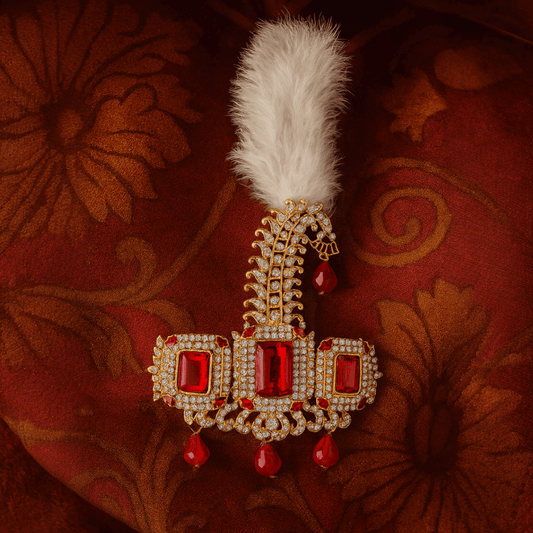 Premium Red And White Crystal Studded Groom Kalangi with Feather for Wedding