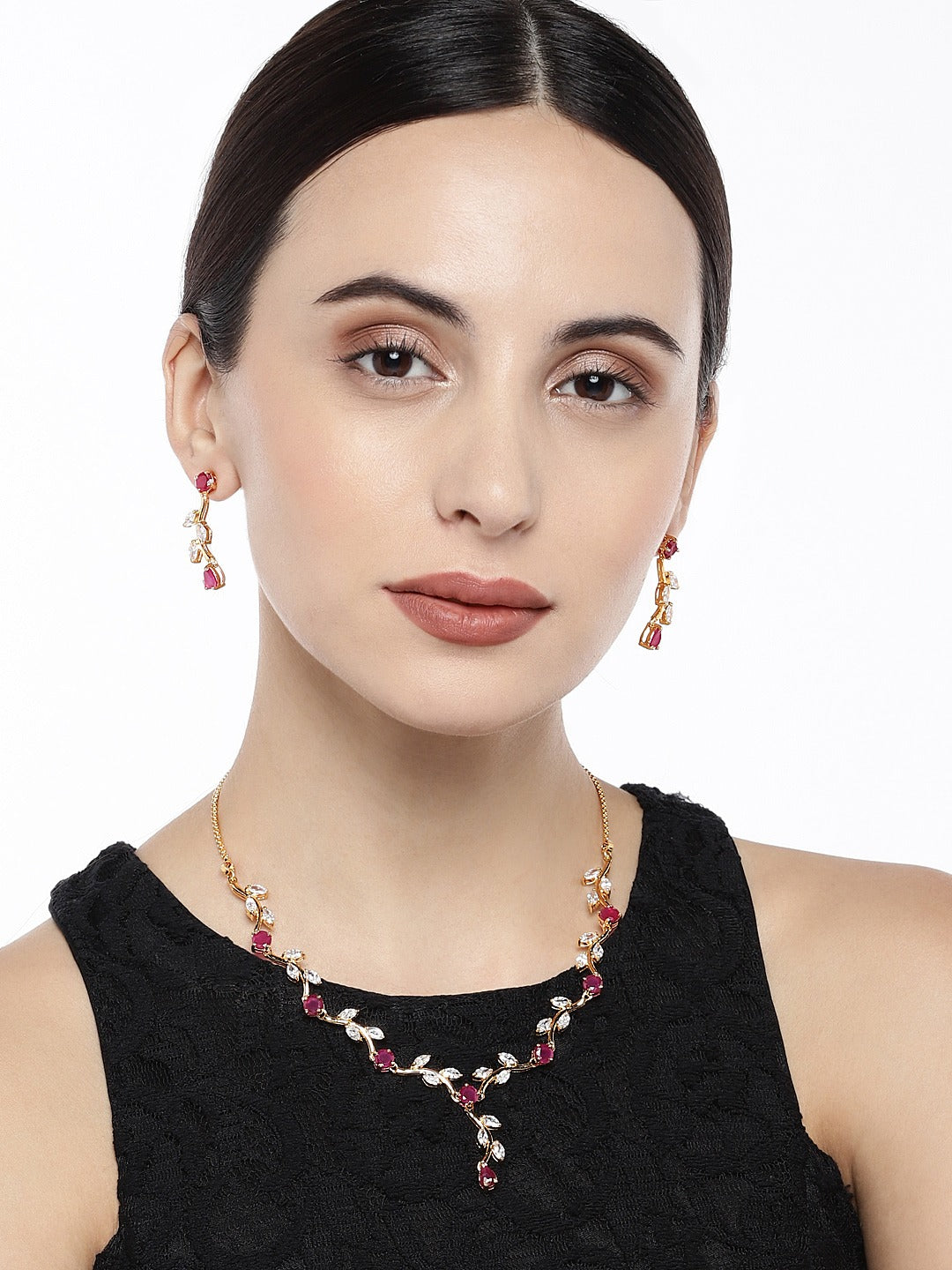 White Leaf Necklace Set with Cubic Zirconia