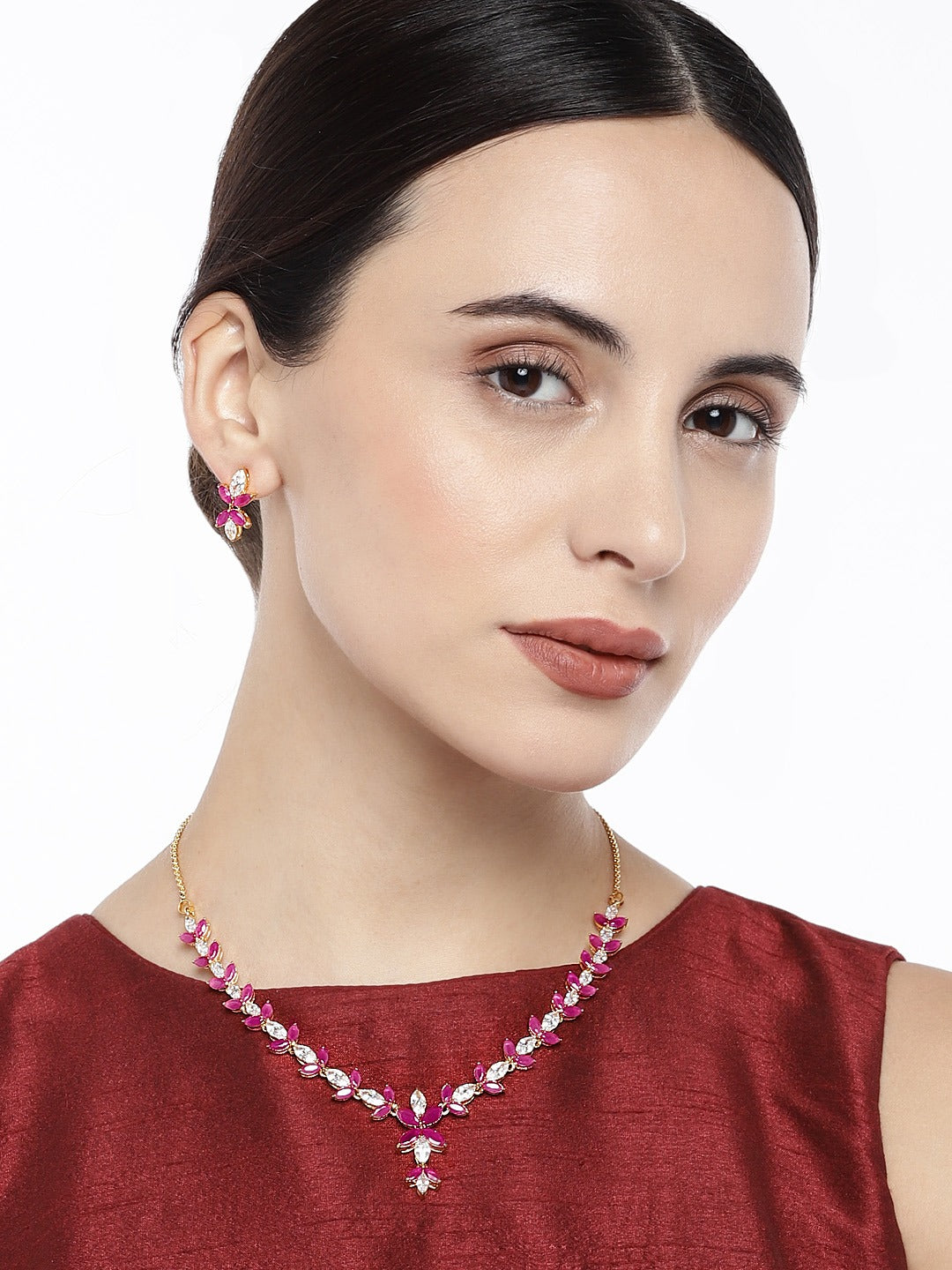 White Leaf Necklace Set with Cubic Zirconia