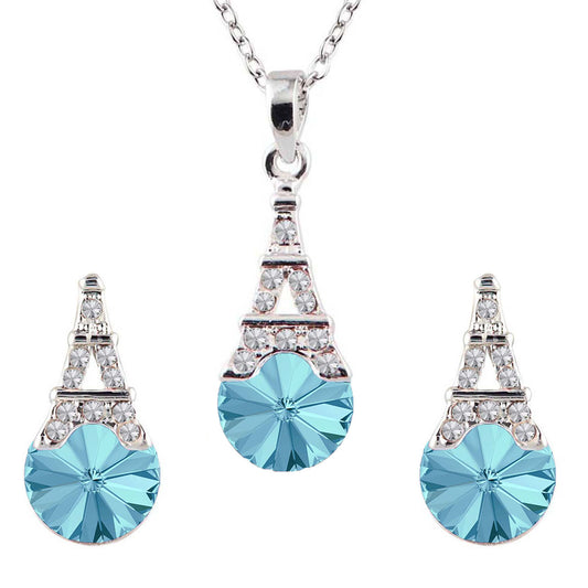 Amethyst Aqua Blue Eiffel Tower Love Pendant set with Crystals