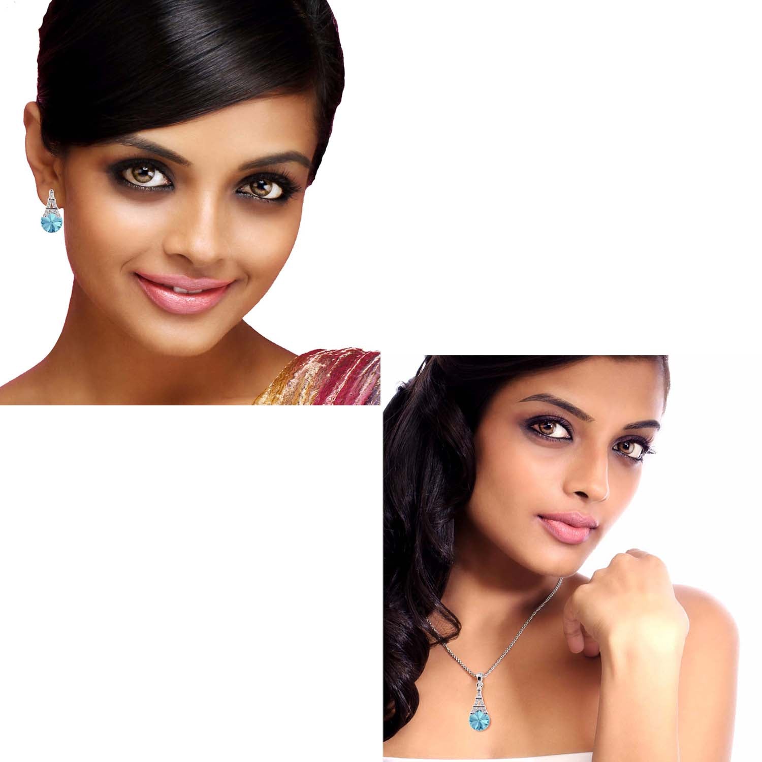 Amethyst Aqua Blue Eiffel Tower Love Pendant set with Crystals