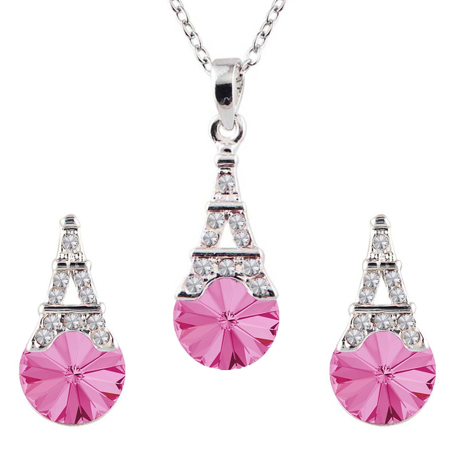 Amethyst Aqua Blue Eiffel Tower Love Pendant set with Crystals