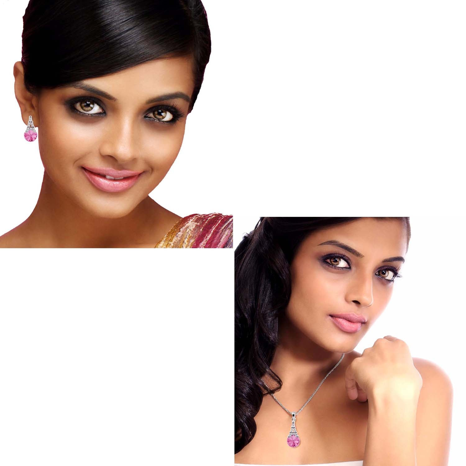 Amethyst Aqua Blue Eiffel Tower Love Pendant set with Crystals