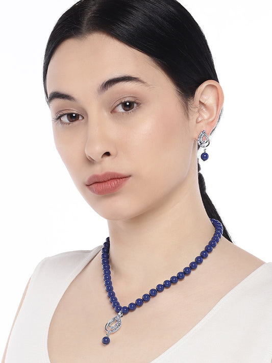 Valentine Gift Blue Crystals and Artificial Pearls Paisley Necklace Set