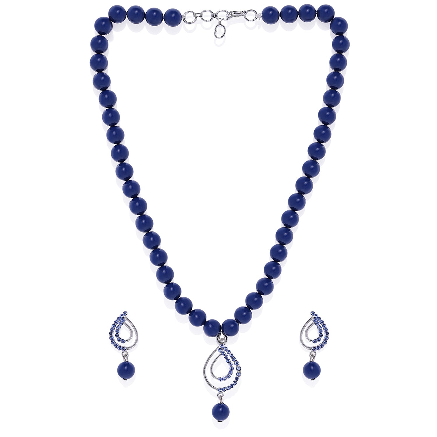 Valentine Gift Blue Crystals and Artificial Pearls Paisley Necklace Set