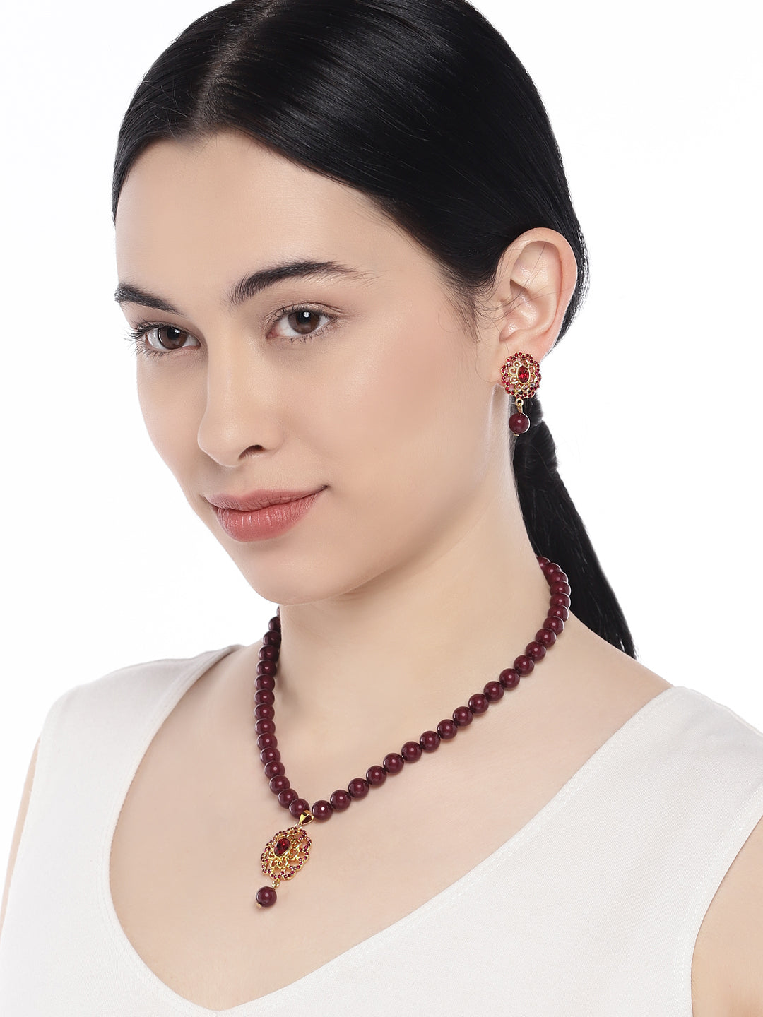 Valentine Gift Marron Crystals and Artificial Pearls Floral Necklace Stet