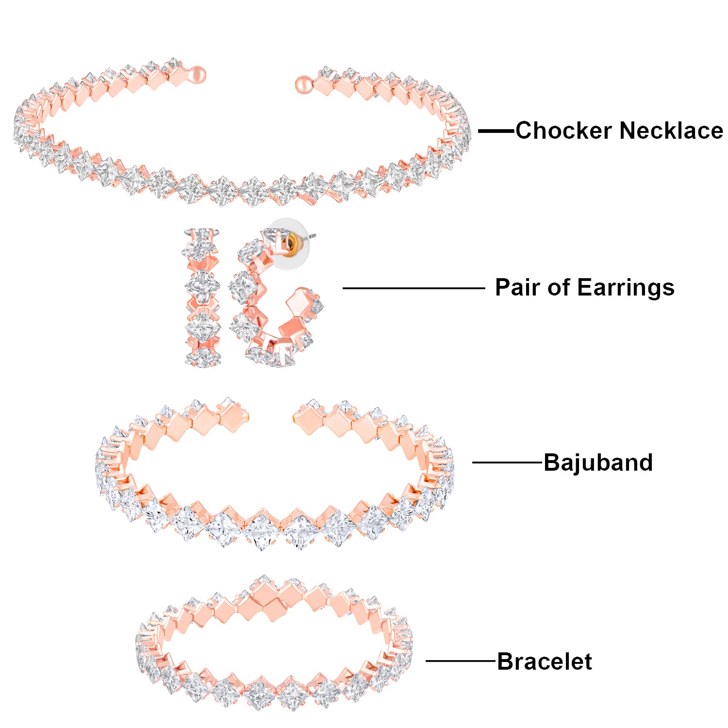 Classic Cubic Zirconia Princess Cut Adjustable Choker Necklace Jewellery Set