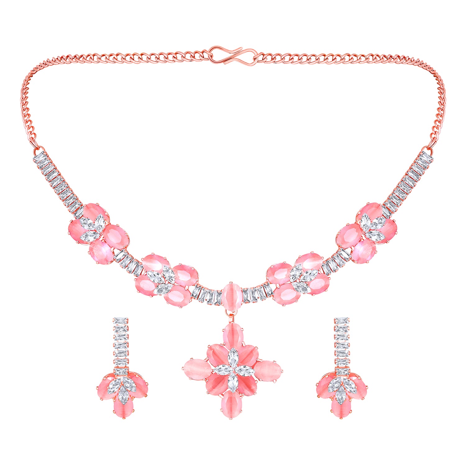 Elegant Floral CZ Necklace Paired with a Pair of Earrings