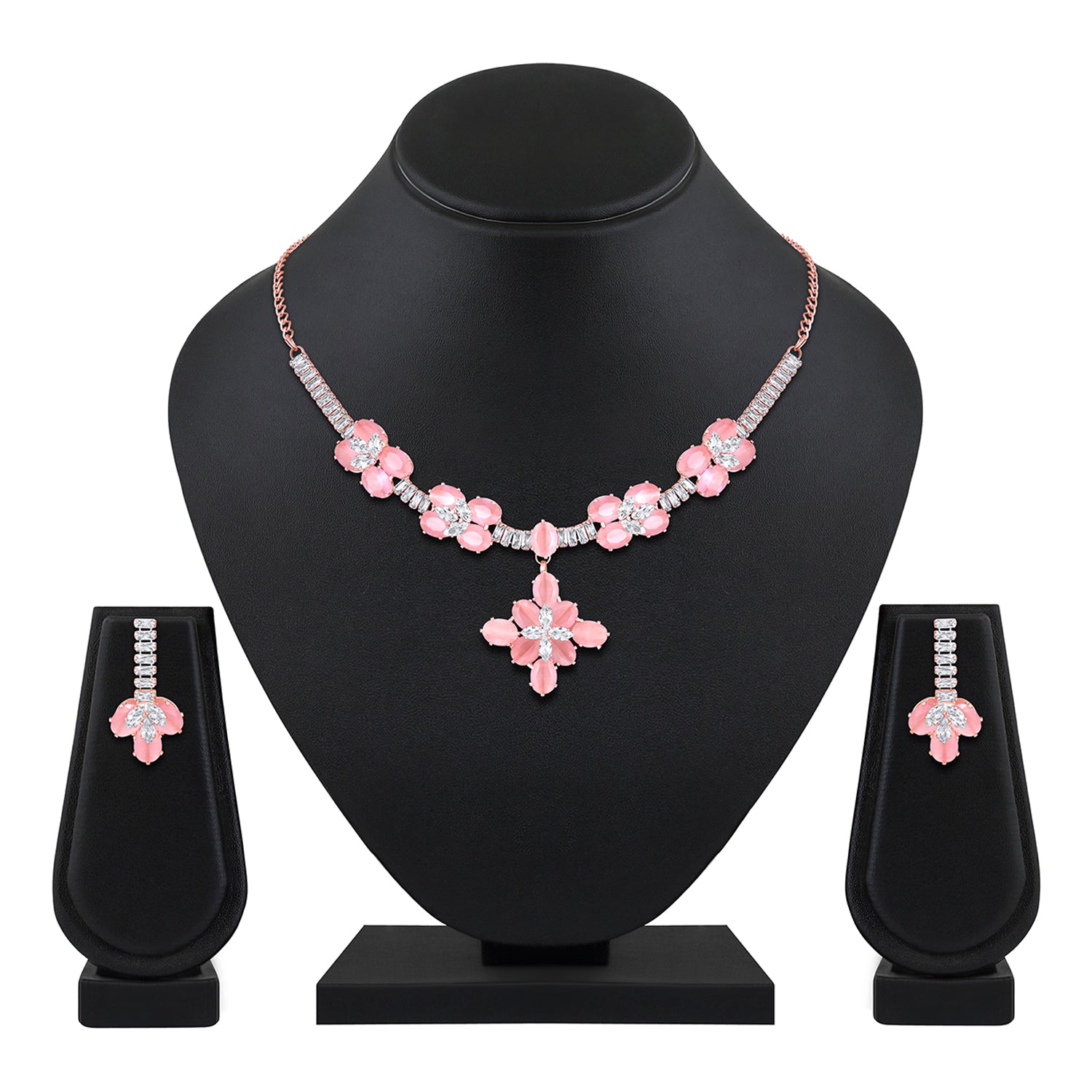 Elegant Floral CZ Necklace Paired with a Pair of Earrings