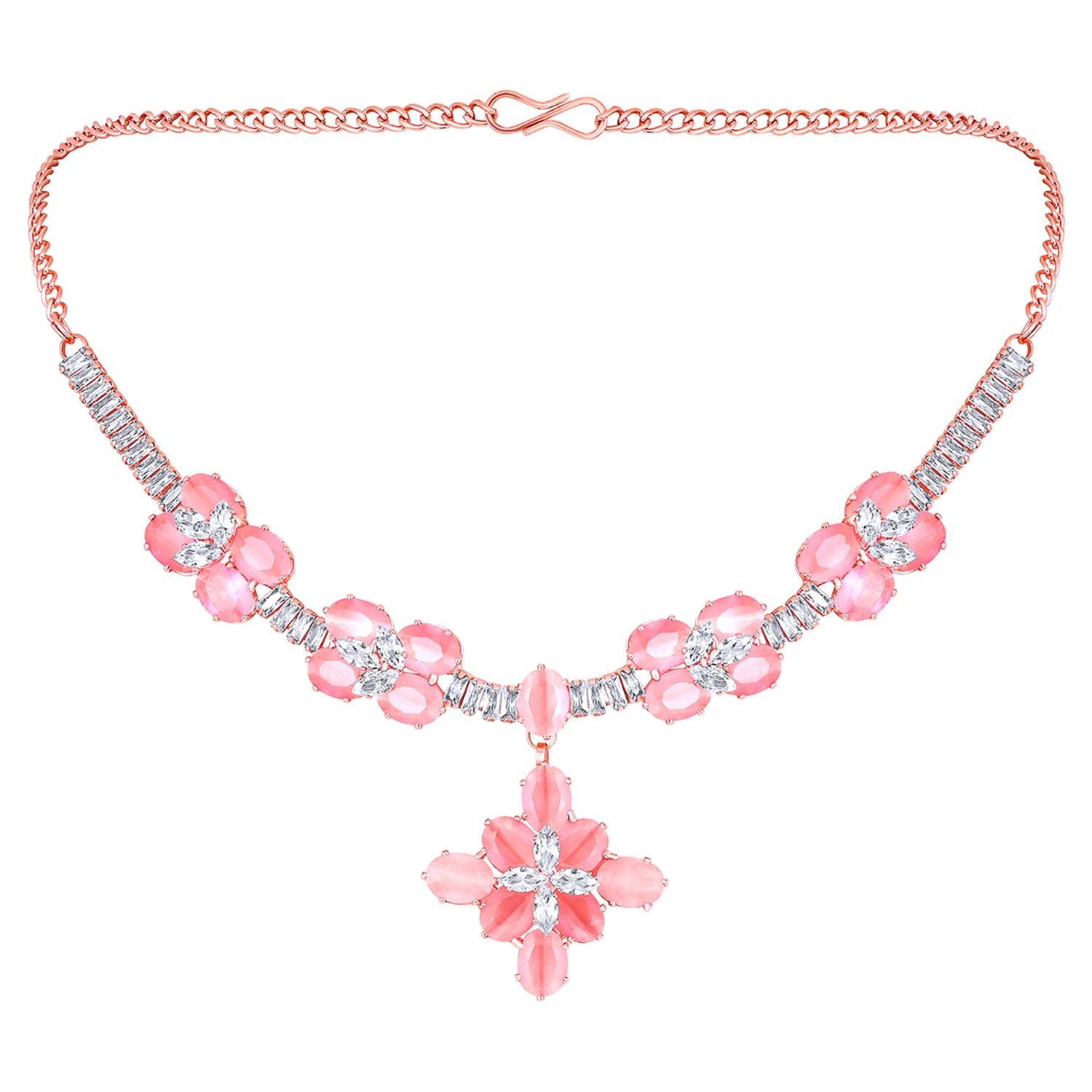 Elegant Floral CZ Necklace Paired with a Pair of Earrings