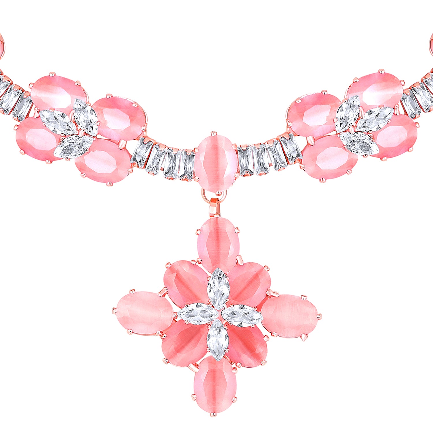 Elegant Floral CZ Necklace Paired with a Pair of Earrings