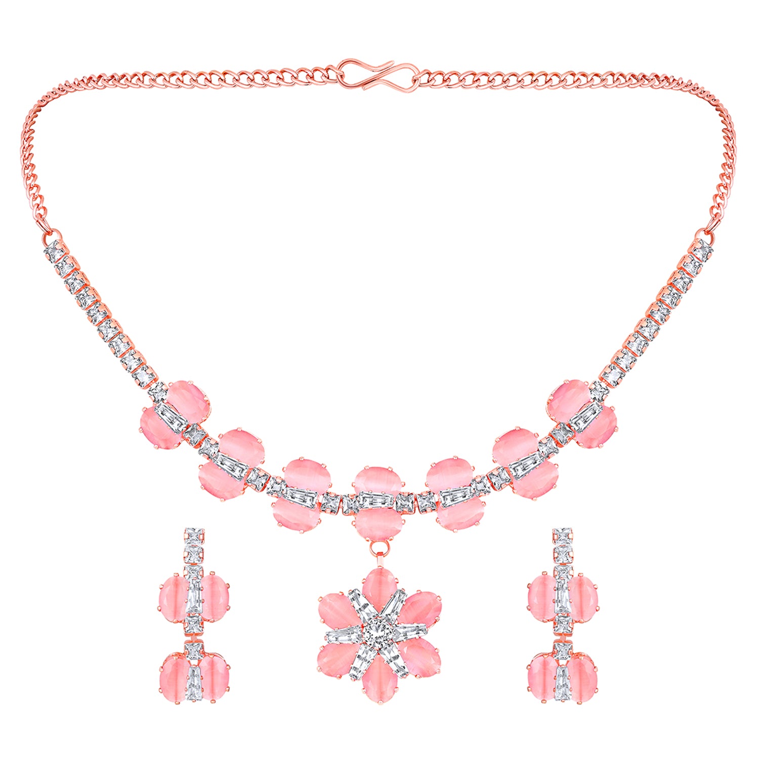Elegant Floral CZ Necklace Paired with a Pair of Earrings