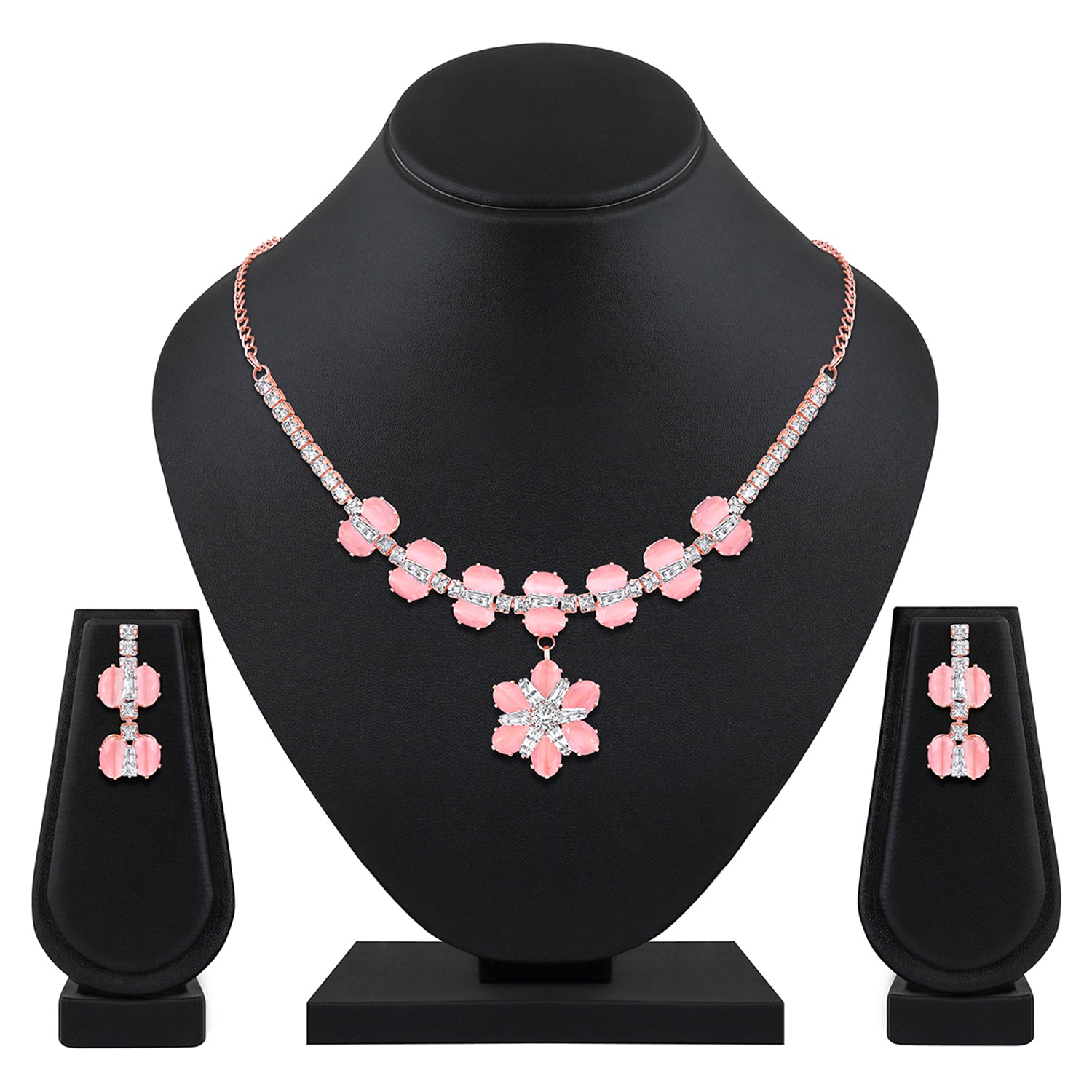 Elegant Floral CZ Necklace Paired with a Pair of Earrings