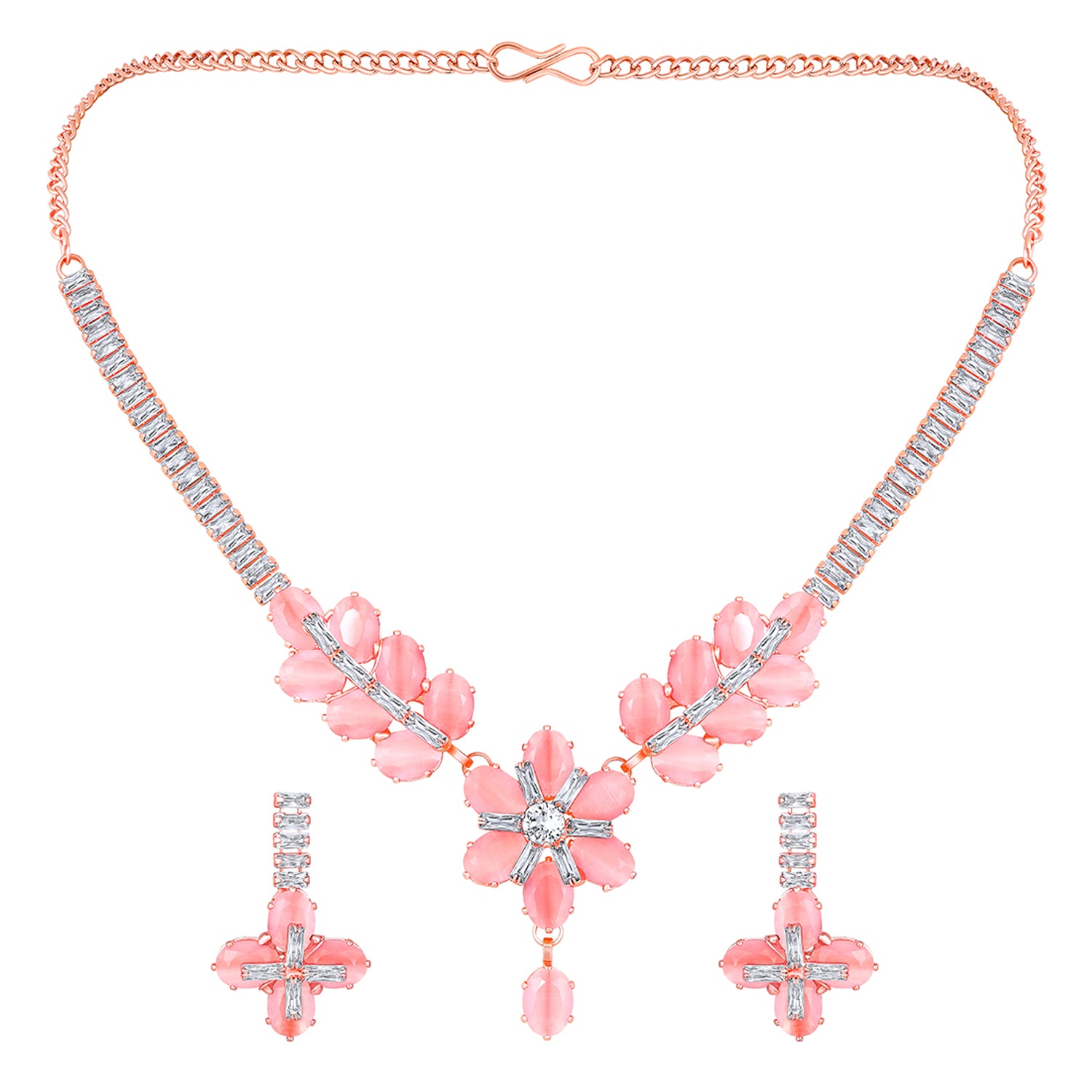Elegant Floral CZ Necklace Paired with a Pair of Earrings
