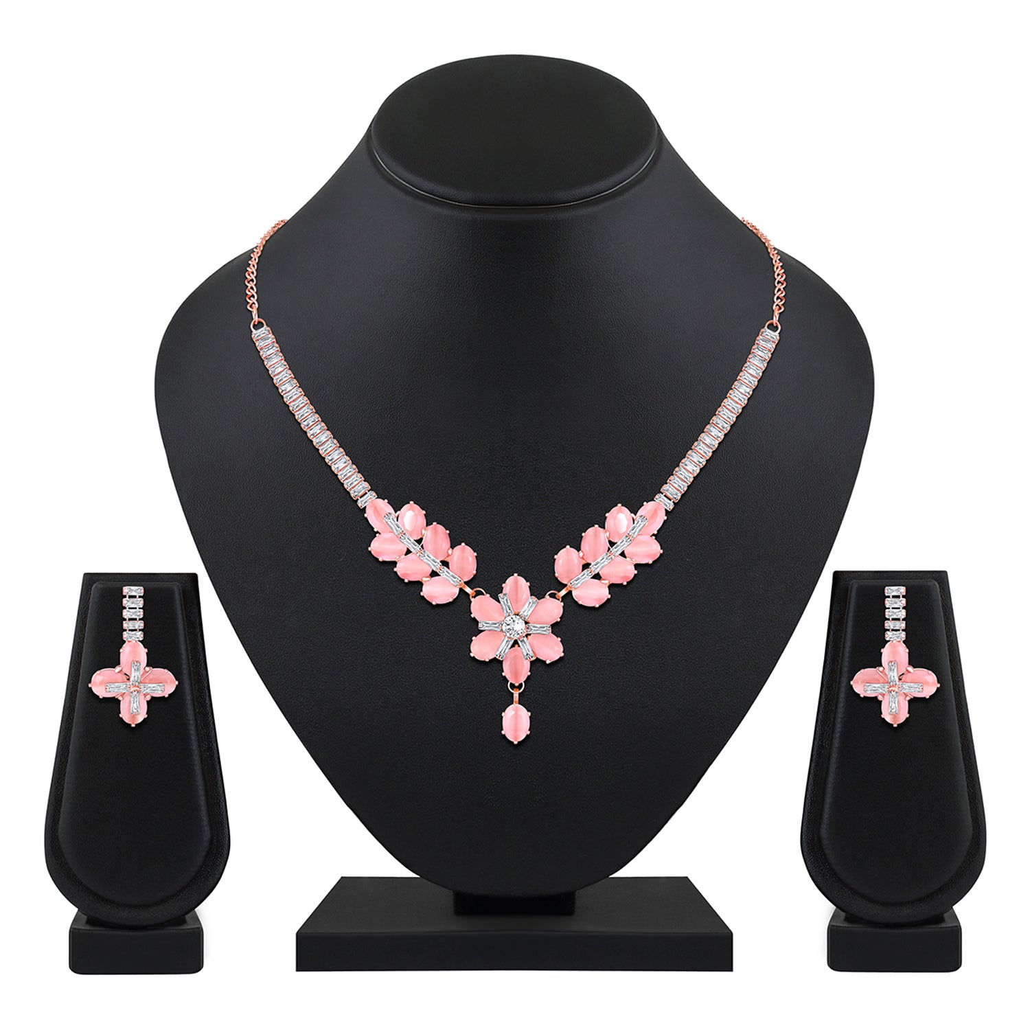 Elegant Floral CZ Necklace Paired with a Pair of Earrings