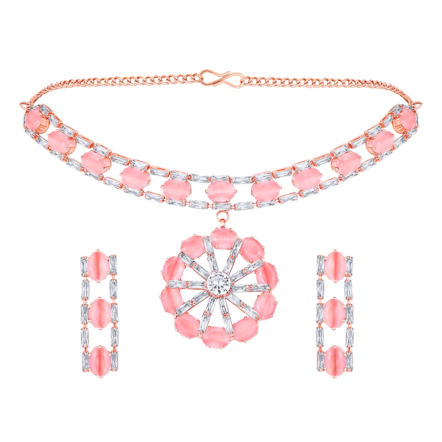 Elegant Floral CZ Necklace Paired with a Pair of Earrings