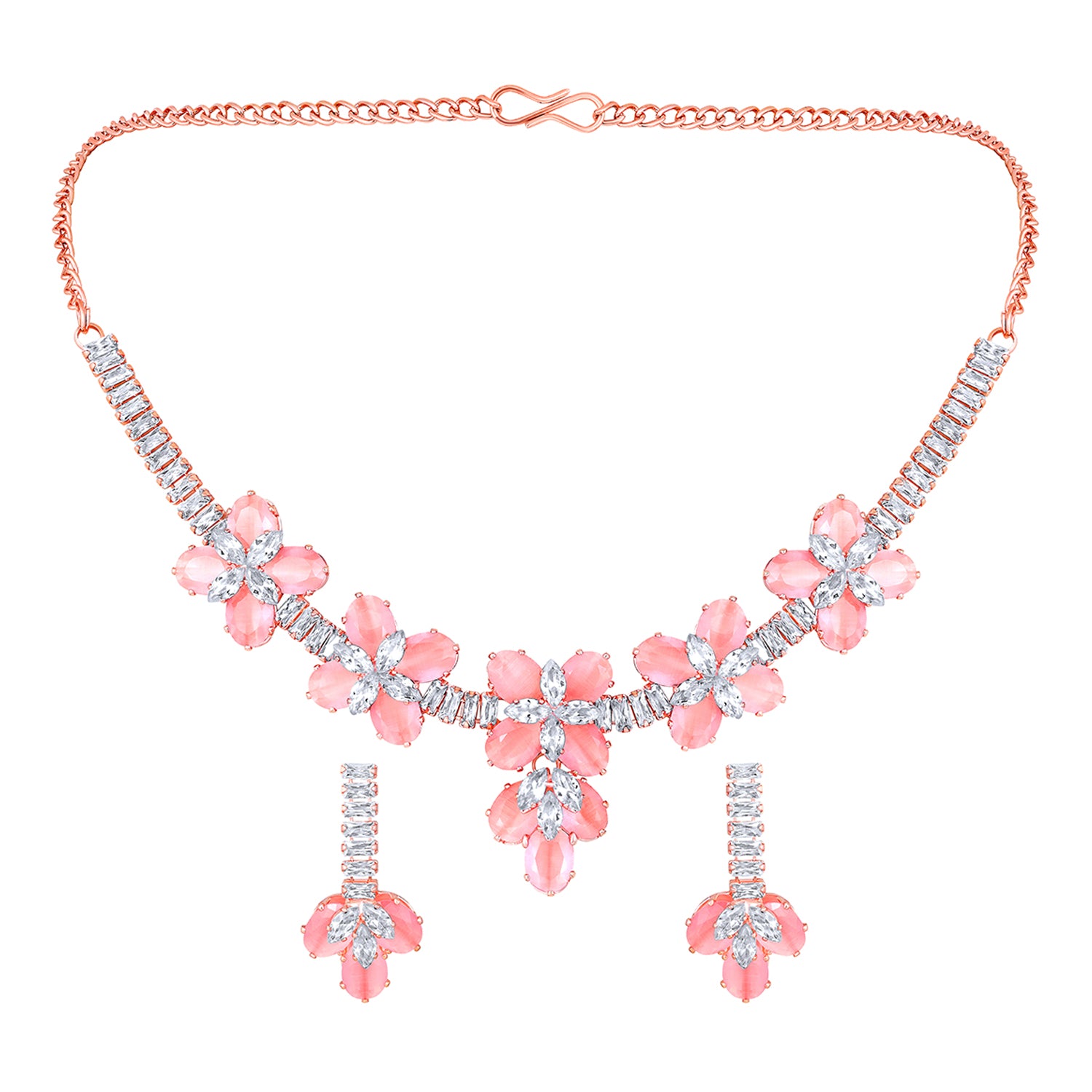 Elegant Floral CZ Necklace Paired with a Pair of Earrings