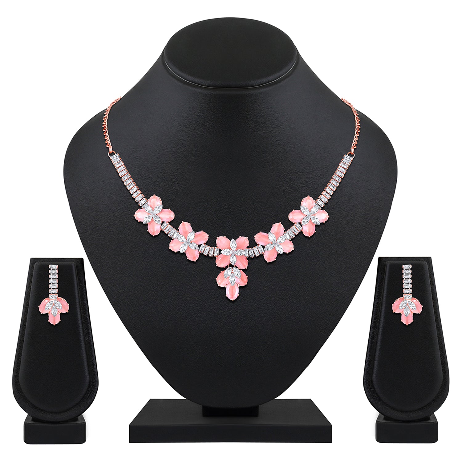 Elegant Floral CZ Necklace Paired with a Pair of Earrings