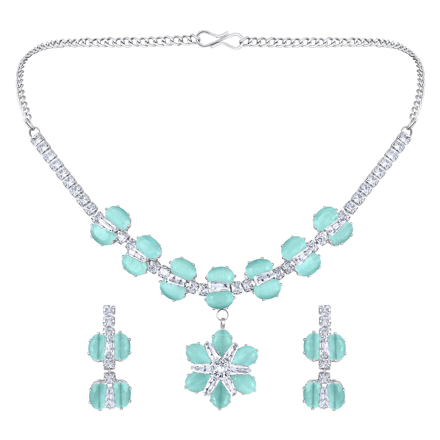 Elegant Floral CZ Necklace Paired with a Pair of Earrings