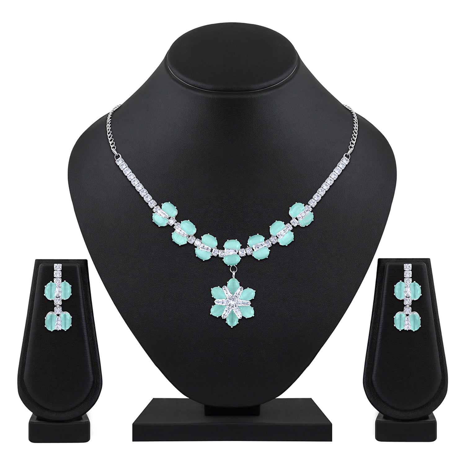 Elegant Floral CZ Necklace Paired with a Pair of Earrings