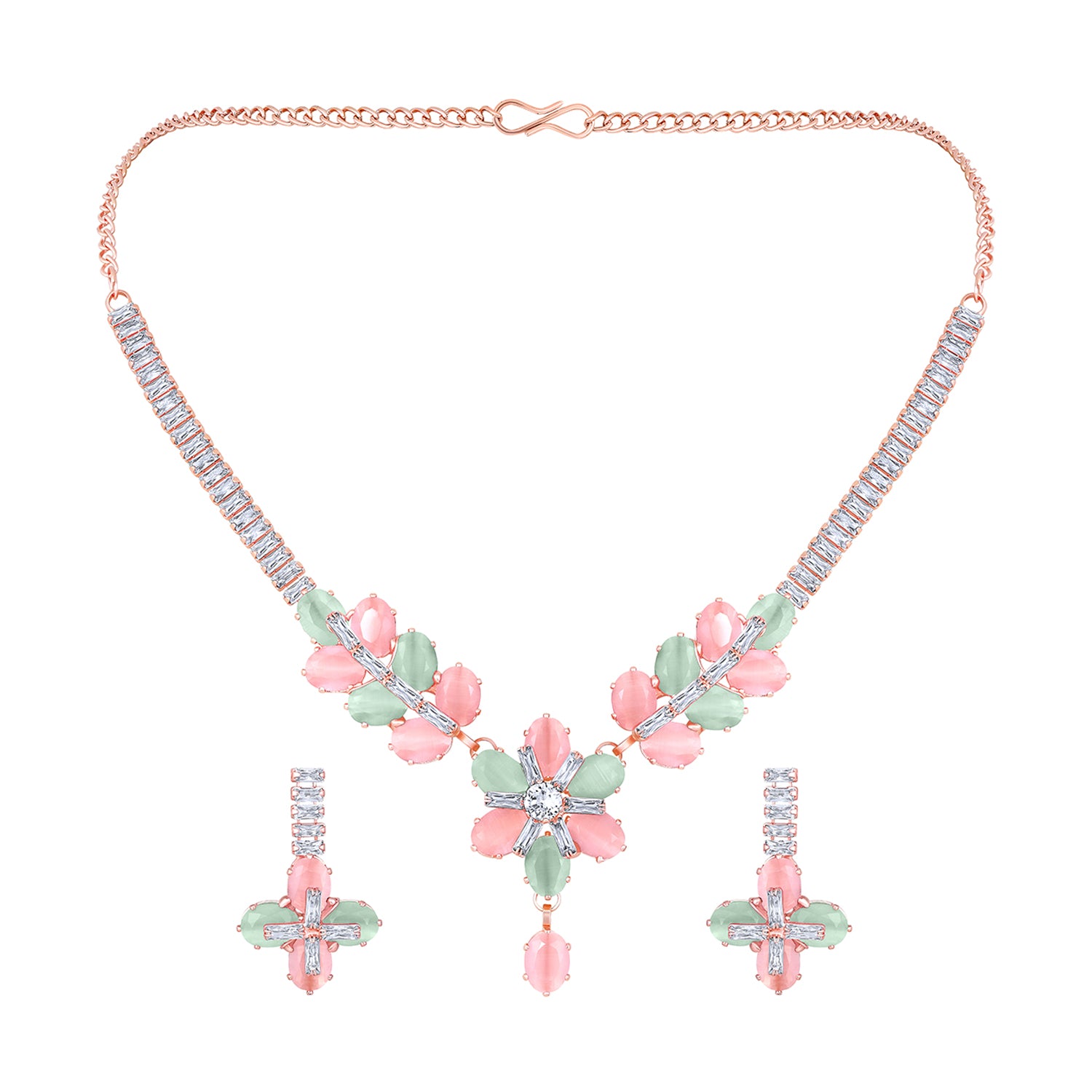 Elegant Floral CZ Necklace Paired with a Pair of Earrings