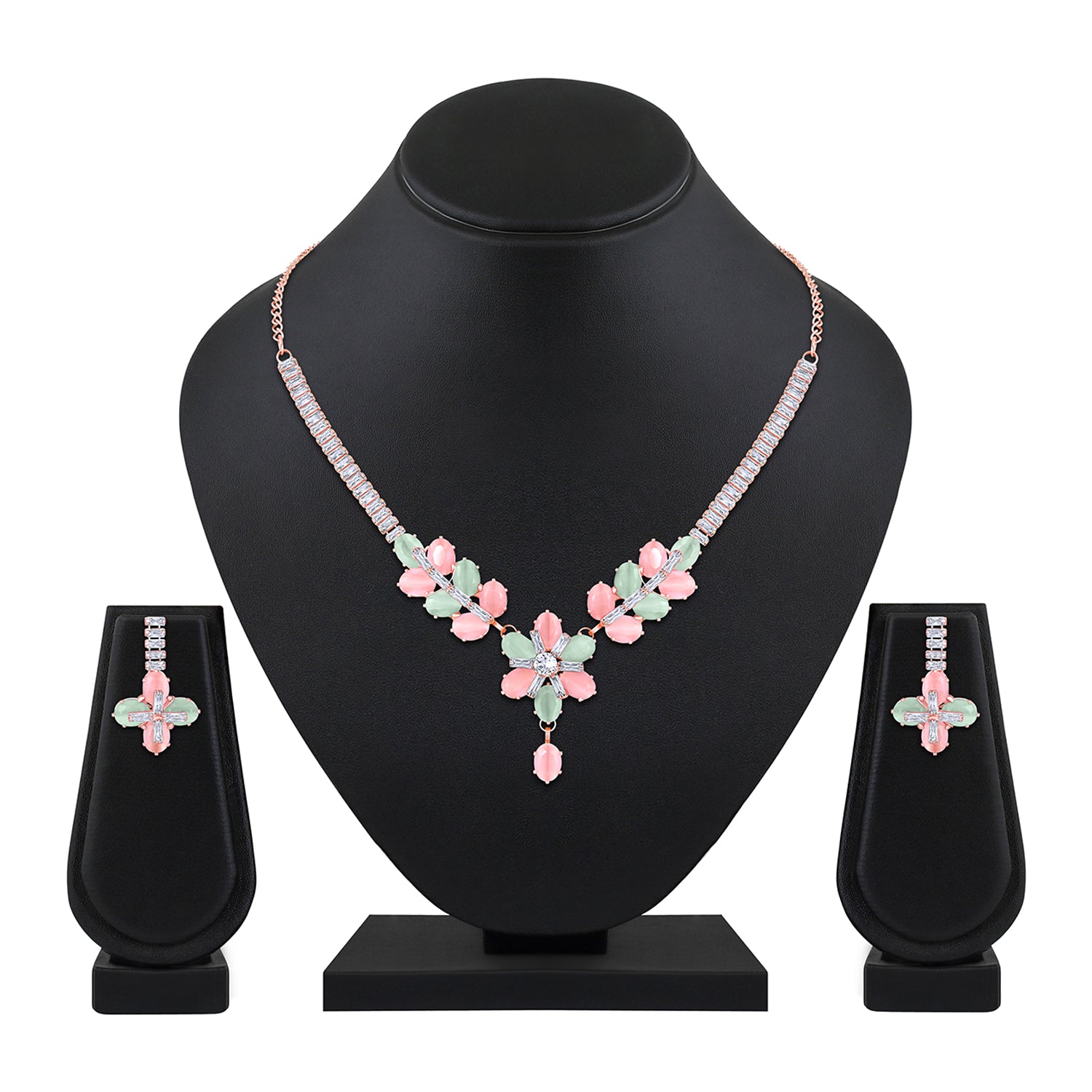 Elegant Floral CZ Necklace Paired with a Pair of Earrings