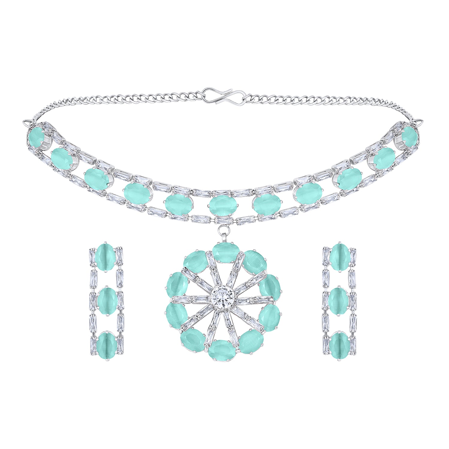 Elegant Floral CZ Necklace Paired with a Pair of Earrings