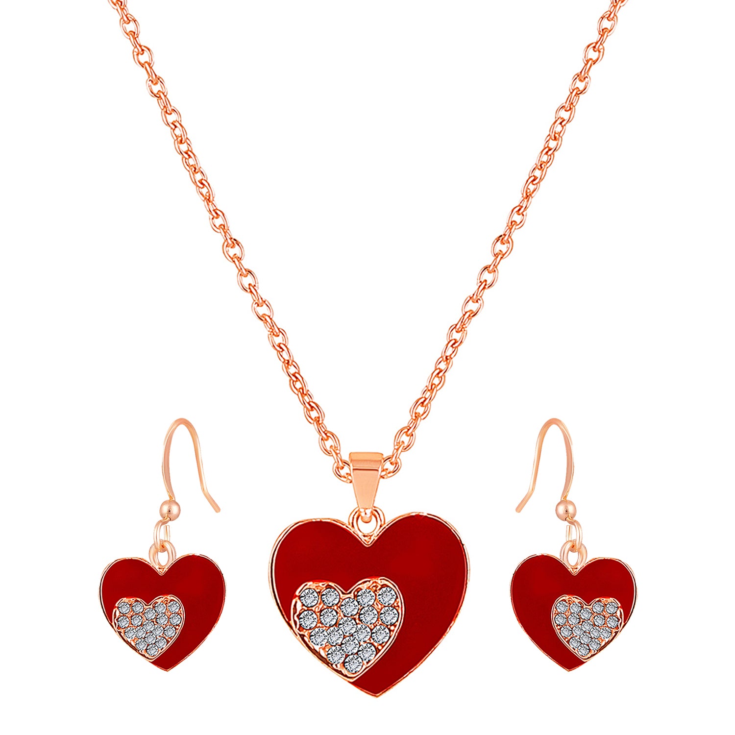 Red Meenakari Work and Crystals Dual Heart Pendant Set