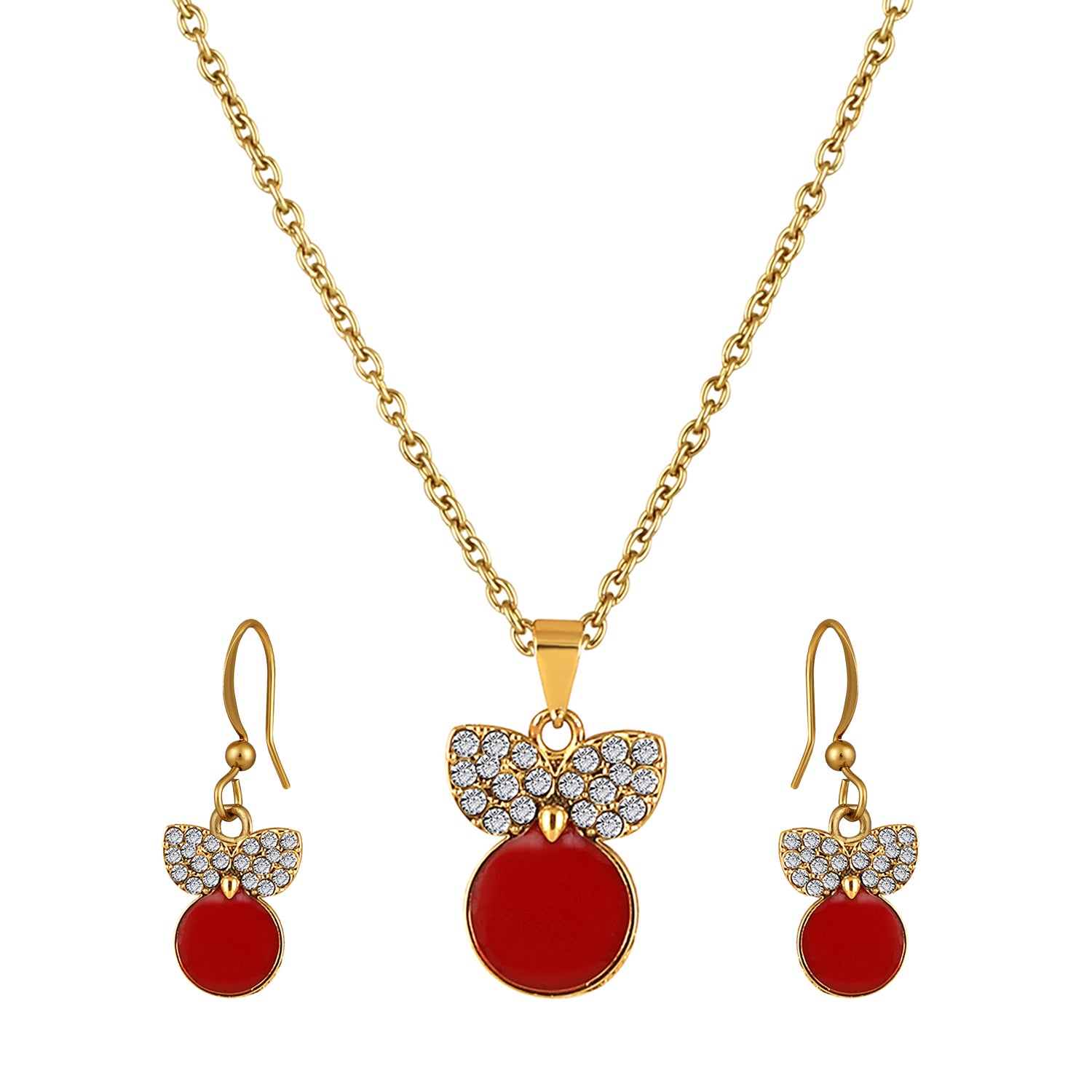 Red Meenakari Work and Crystals Cute Pendant Set